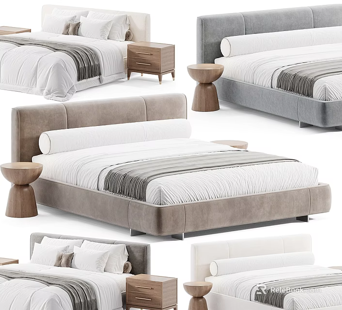 Modern Double Bed With Gray Frame Striped Bedding And Wooden Stools 3d model