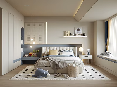 Kids Room Interior With Bed Stuffed Toy Rug Bookshelf And Window Curtains 3d model