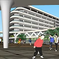 Modern Multistory Curved Buildings With Glass Walls Plaza People And Red Sculpture