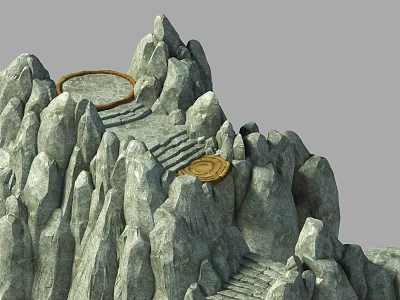 Garden Landscape With Rocky Mountain Structure Stone Steps And Circular Golden Platforms 3d model