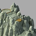 Garden Landscape With Rocky Mountain Structure Stone Steps And Circular Golden Platforms