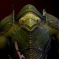 Mythical Green Scaled Creature Character With Textured Skin And Holding Knife Bandages