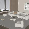 Modern Beige Sofa and White Coffee Table Set in Living Room with Ottoman Floor Lamp
