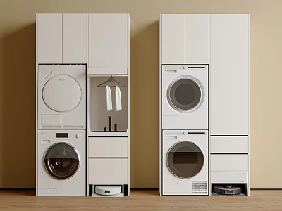 Modern White Balcony Cabinet With Washing Machine Dryer Hanging Rack And Storage 3d model
