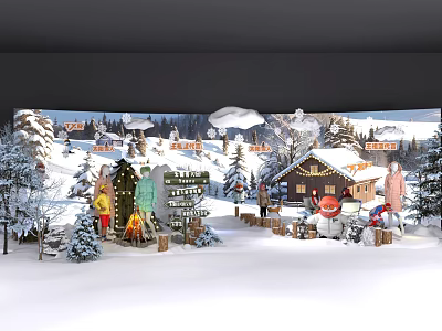 Live Stream Of Snowy Winter Scene With Wooden Cabin Christmas Tree Bonfire And Figures 3d model
