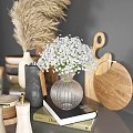 Rustic Wooden Kitchen Utensils With Cutting Board Ceramic Cups And Dried Grass Decor