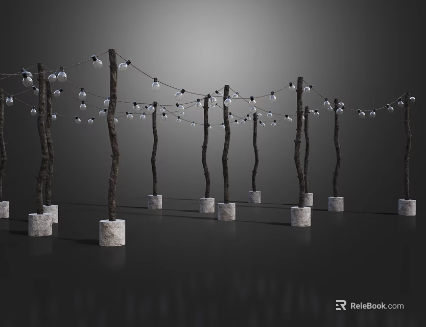 Decorative String Lights On Branch Shaped Poles With White Stone Bases For Outdoor Use 3d model 