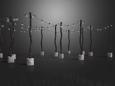 Decorative String Lights On Branch Shaped Poles With White Stone Bases For Outdoor Use 3d model