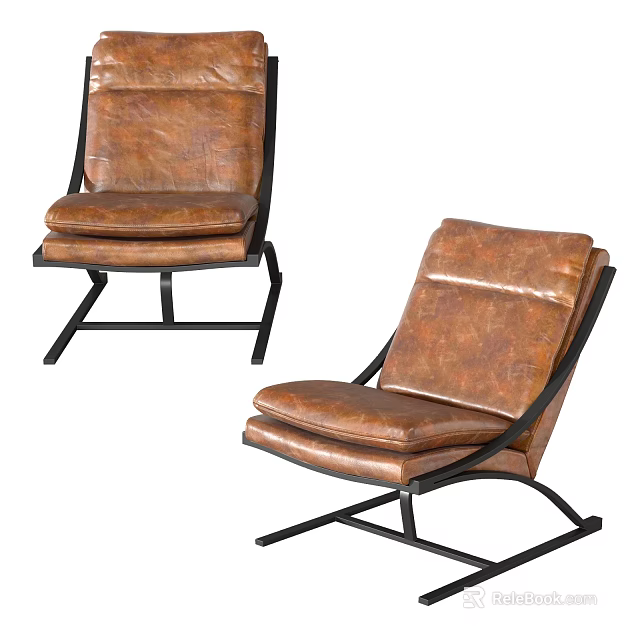 Modern Brown Leather Leisure Chairs With Black Metal Frame For Living Room Decor 3d model 