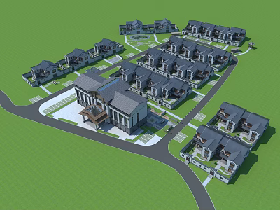 Neatly Arranged Townhouses With Green Lawns Curved Roads And Uniform Exterior Design 3d model
