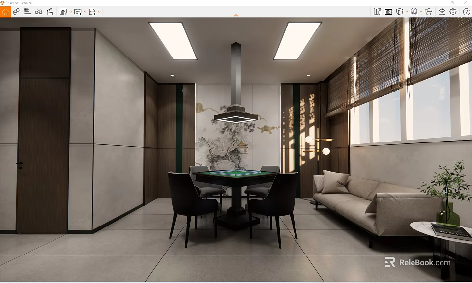Modern Hotel Mahjong Room Interior With Mahjong Table Sofa And Decorative Painting 3d model 