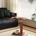 Modern Living Room Wooden Side Table with Black Sofa Coffee Cup Remote Control and Lamp