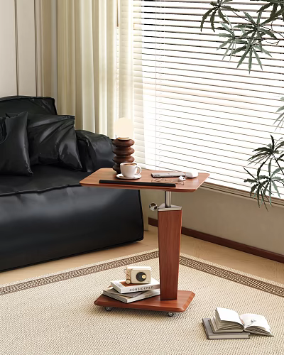 Modern Living Room Wooden Side Table with Black Sofa Coffee Cup Remote Control and Lamp 3d model