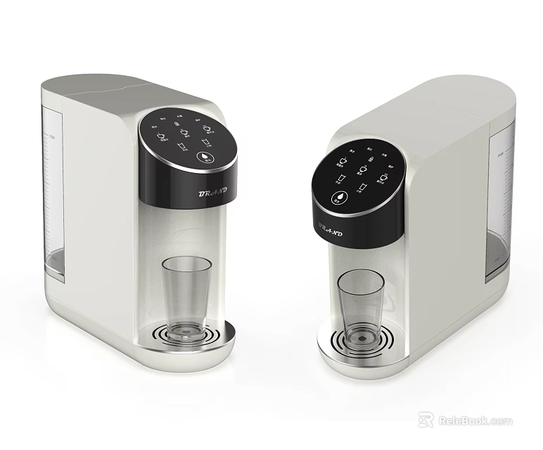 Two Modern Water Dispensers With Black Control Panel Transparent Tank And Cup Holder Base 3d model 