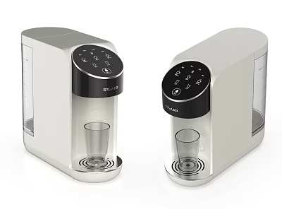 Two Modern Water Dispensers With Black Control Panel Transparent Tank And Cup Holder Base 3d model
