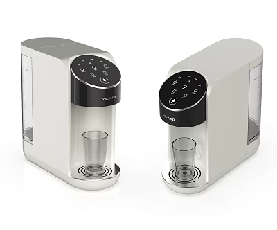 Two Modern Water Dispensers With Black Control Panel Transparent Tank And Cup Holder Base 3d model
