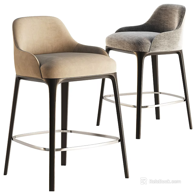 Modern Upholstered Bar Stools In Beige And Gray With Black Legs And Metal Footrest 3d model 