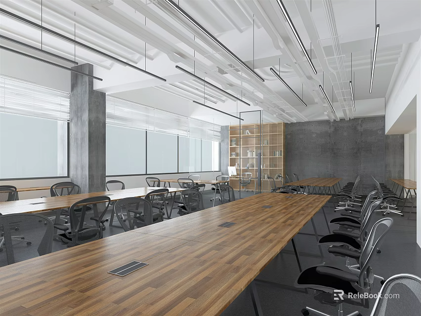 Public Office Space with Long Wooden Table Black Chairs Large Windows Industrial Ceiling Open Layout 3d model 