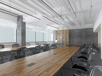 Public Office Space with Long Wooden Table Black Chairs Large Windows Industrial Ceiling Open Layout 3d model