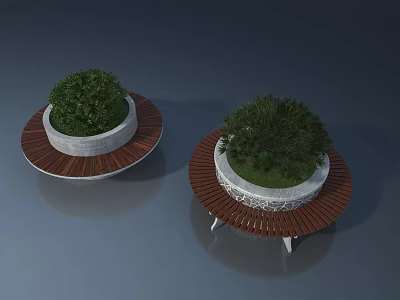 Outdoor Garden Swing Door With Circular Planters Green Plants And Wooden Seats 3d model