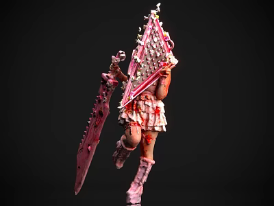 Game Movie Character In Pink Outfit With Spiked Greatsword And Blood Stains 3d model