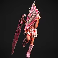Game Movie Character In Pink Outfit With Spiked Greatsword And Blood Stains