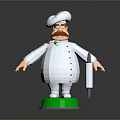 3D Chef Figurine In White Uniform With Chef Hat Mustache And Green Base Holding Bottle