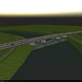Modern Bridge Structure Over River With Vehicles Green Grasslands And Distant Buildings 3d model