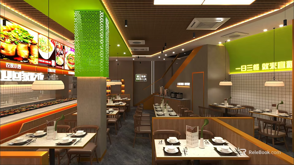 Modern Restaurant Interior Design With Green Walls Open Layout Dining Tables And Pendant Lights 3d model 