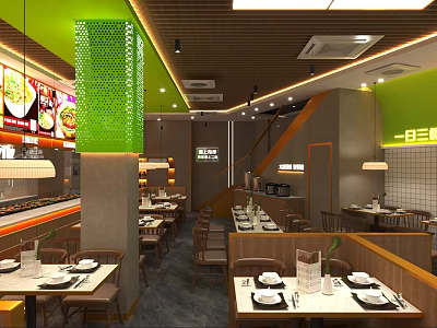 Modern Restaurant Interior Design With Green Walls Open Layout Dining Tables And Pendant Lights 3d model