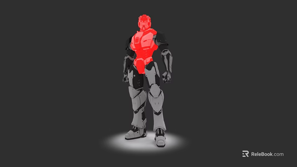 Red And Gray Mechanical Robot Character With Standing Pose And Spotlight Effect 3d model 