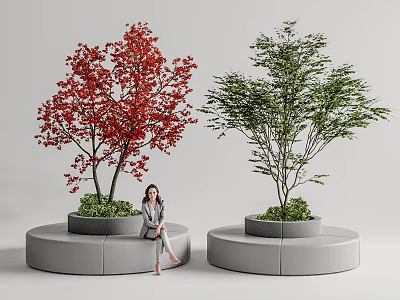 Round Landscape Seats With Red And Green Leaf Trees And Woman Sitting 3d model