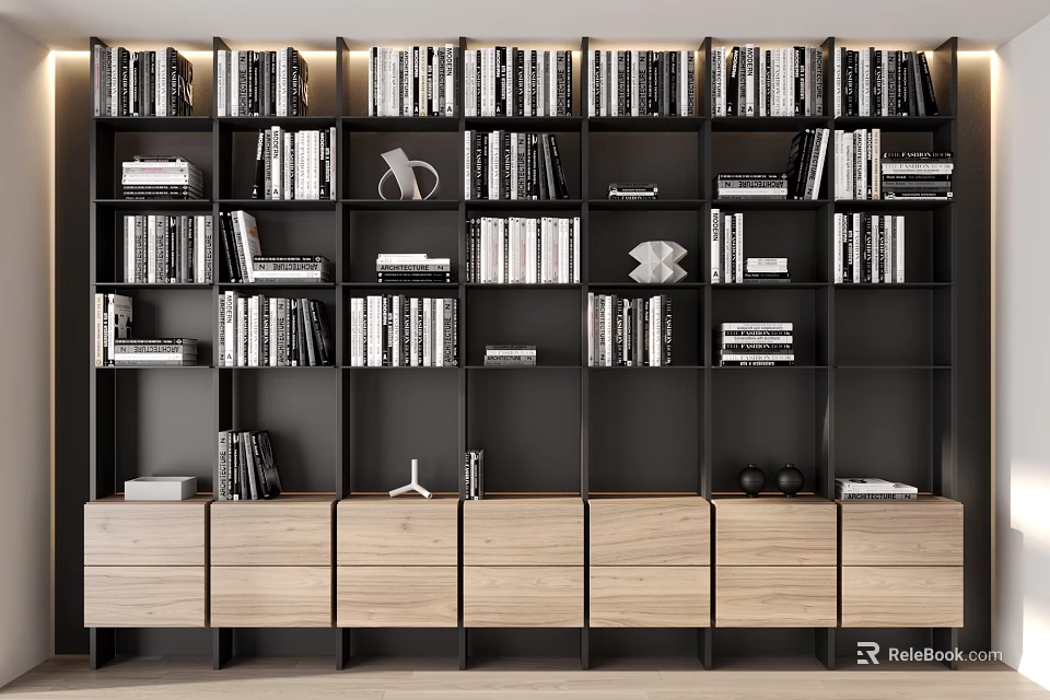 Modern Bookshelf Design With Multiple Shelves Wooden Cabinets and Arranged Books 3d model 
