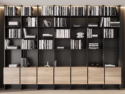 Modern Bookshelf Design With Multiple Shelves Wooden Cabinets and Arranged Books 3d model