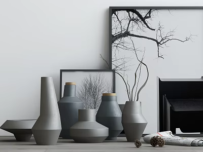 Gray Vases With Decorative Branches Framed Tree Branch Art For Home Decor 3d model