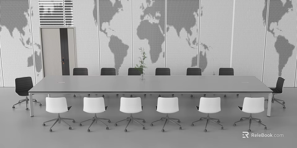 Modern Conference Table With White Chairs World Map Backdrop And Green Plant 3d model 
