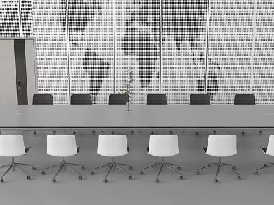 Modern Conference Table With White Chairs World Map Backdrop And Green Plant 3d model