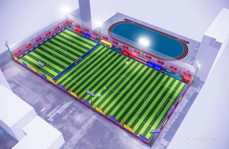 Well Lit Indoor Football Field With Green Striped Turf Track And Spectator Stands 3d model 