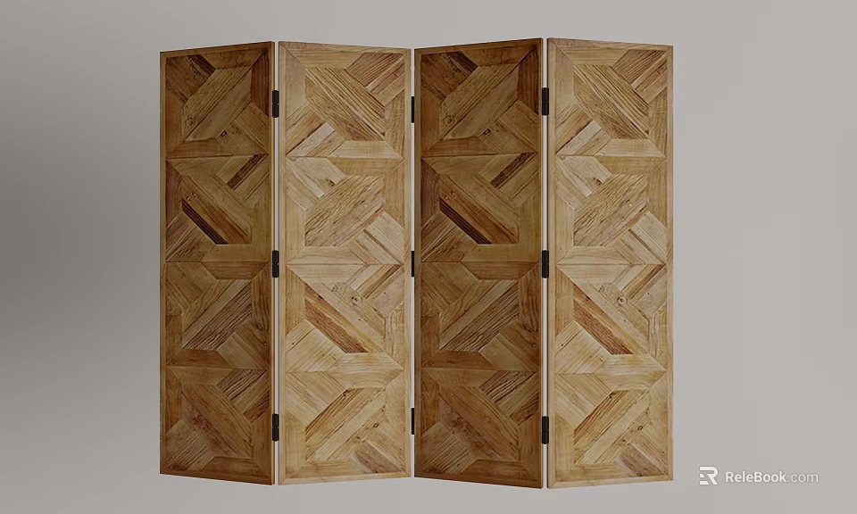 Wooden Room Divider With Herringbone Pattern Four Panel Design For Modern Home 3d model