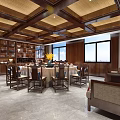 Chinese Style Private Dining Room With Wooden Ceiling Round Table And Windows 3d model