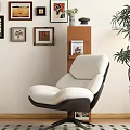 Plush White Lounge Chair With Wooden Shelf Wall Art And Green Plant