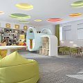 Vibrant Kids Activity Room With Colorful Pendant Lights Bean Bags Bookshelves And CREATE Lettering