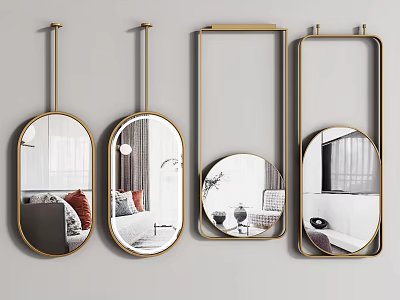 Different Shaped Wall Mirrors With Golden Frames For Modern Home Interior Decor Reflecting Living Spaces 3d model
