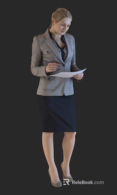 Businesswoman in Gray Blazer and Black Skirt Writing on Paper with Pen 3d model 