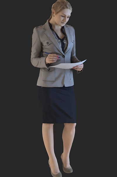Businesswoman in Gray Blazer and Black Skirt Writing on Paper with Pen 3d model