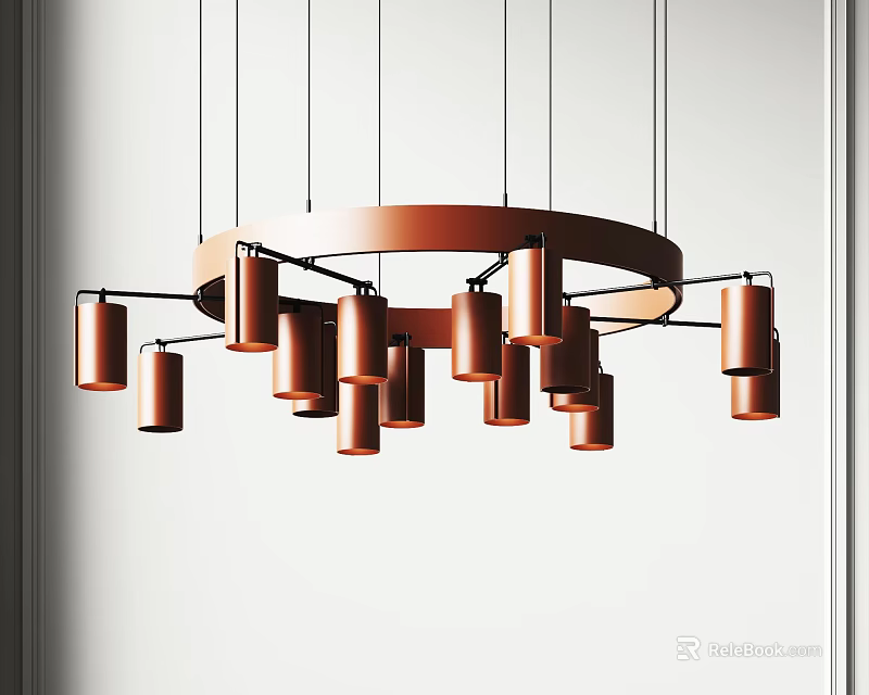 Modern Copper Chandelier With Multiple Cylindrical Lights On Round Hanging Frame 3d model