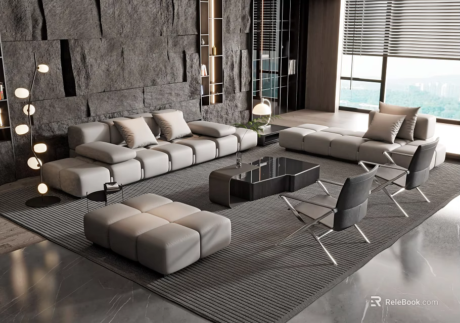 Modern Contemporary Living Room Gray Sofa Coffee Table Set With Stone Wall And Floor Lamps 3d model 