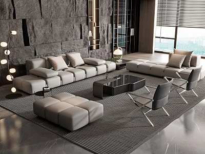 Modern Contemporary Living Room Gray Sofa Coffee Table Set With Stone Wall And Floor Lamps 3d model