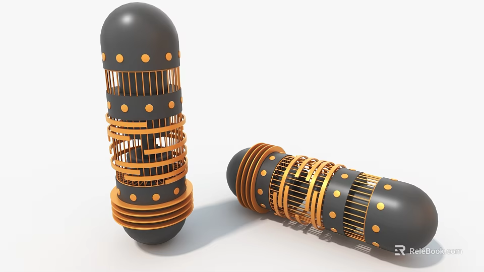Industrial Equipment Black Cylindrical Units With Gold Metal Structures Circular Dots And Vertical Inclined Design 3d model 