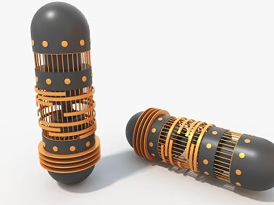 Industrial Equipment Black Cylindrical Units With Gold Metal Structures Circular Dots And Vertical Inclined Design 3d model
